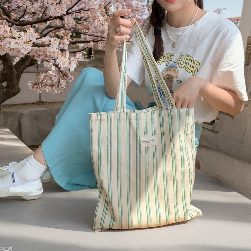 34226 New style striped single-shoulder bag, large-capacity canvas bag, Korean version for women, work cloth bag, student schoolbag full figure
