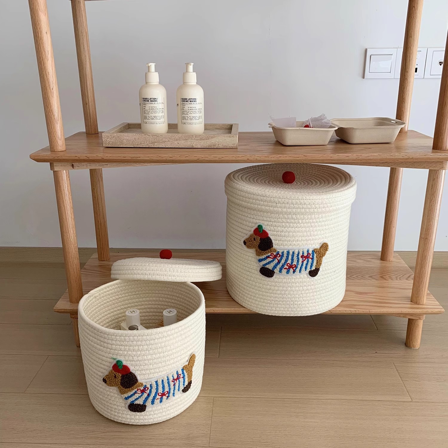 Cute puppy storage basket, woven cotton thread basket, large-capacity dust-proof storage bucket with lid, household sundries storage basket Specification drawing