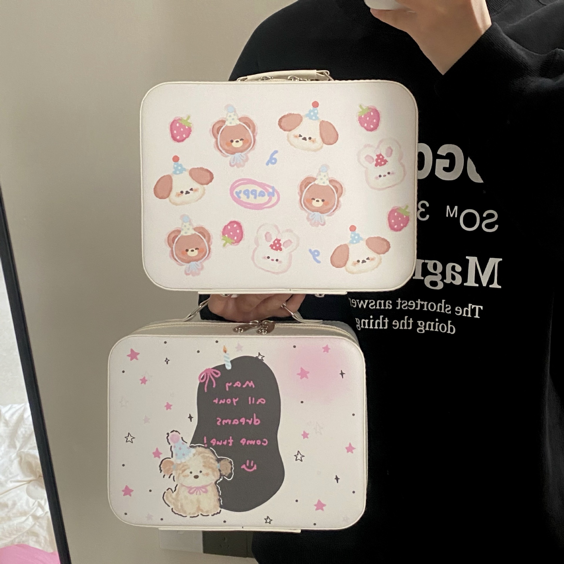 2024 New girlish makeup bag, a large-capacity portable handbag for women with a mirror and cosmetic storage bag Specification drawing
