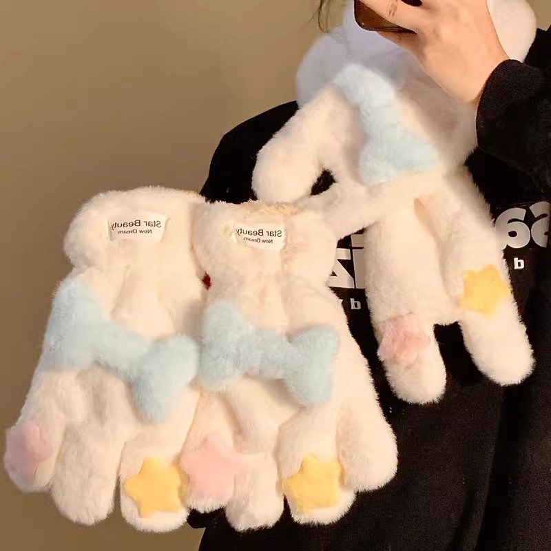 Cartoon star Little bone five-fingered gloves for girls, cute winter, thickened plush for warmth, neck-worn for cycling, windproof and cold-proof details Picture