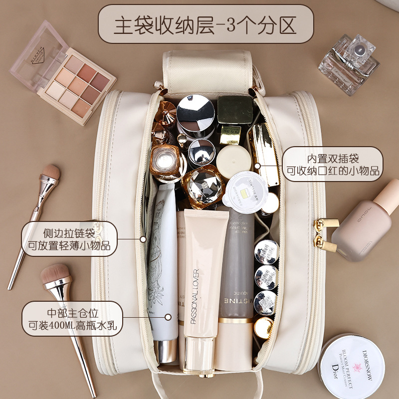 New hand-held three-layer double-zipper PU storage bag, cosmetic bag, portable storage bag, travel cosmetics and toiletries bag details Picture