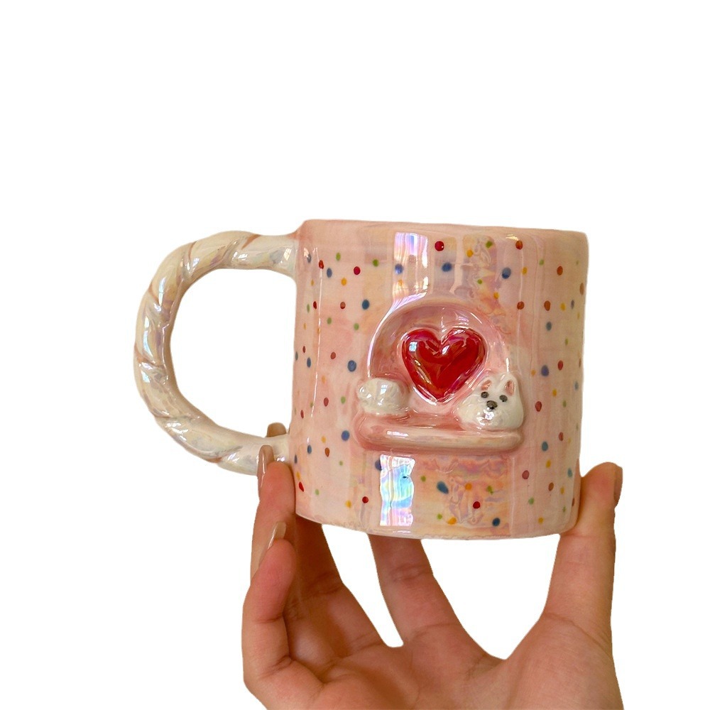 Cute pearlescent embossed puppy mug, girlish heart, high appearance level ceramic cup, couple breakfast coffee cup, water cup Item Picture
