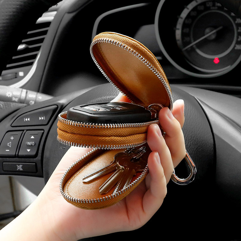 Retro oil wax leather car key case, export pu double zipper multi-functional car key case, high-end European and American key case details Picture