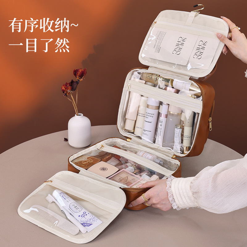 Multi-functional transparent multi-layer classified cosmetics storage bag, travel portable pu large-capacity folding hand-held toiletry bag Specification drawing