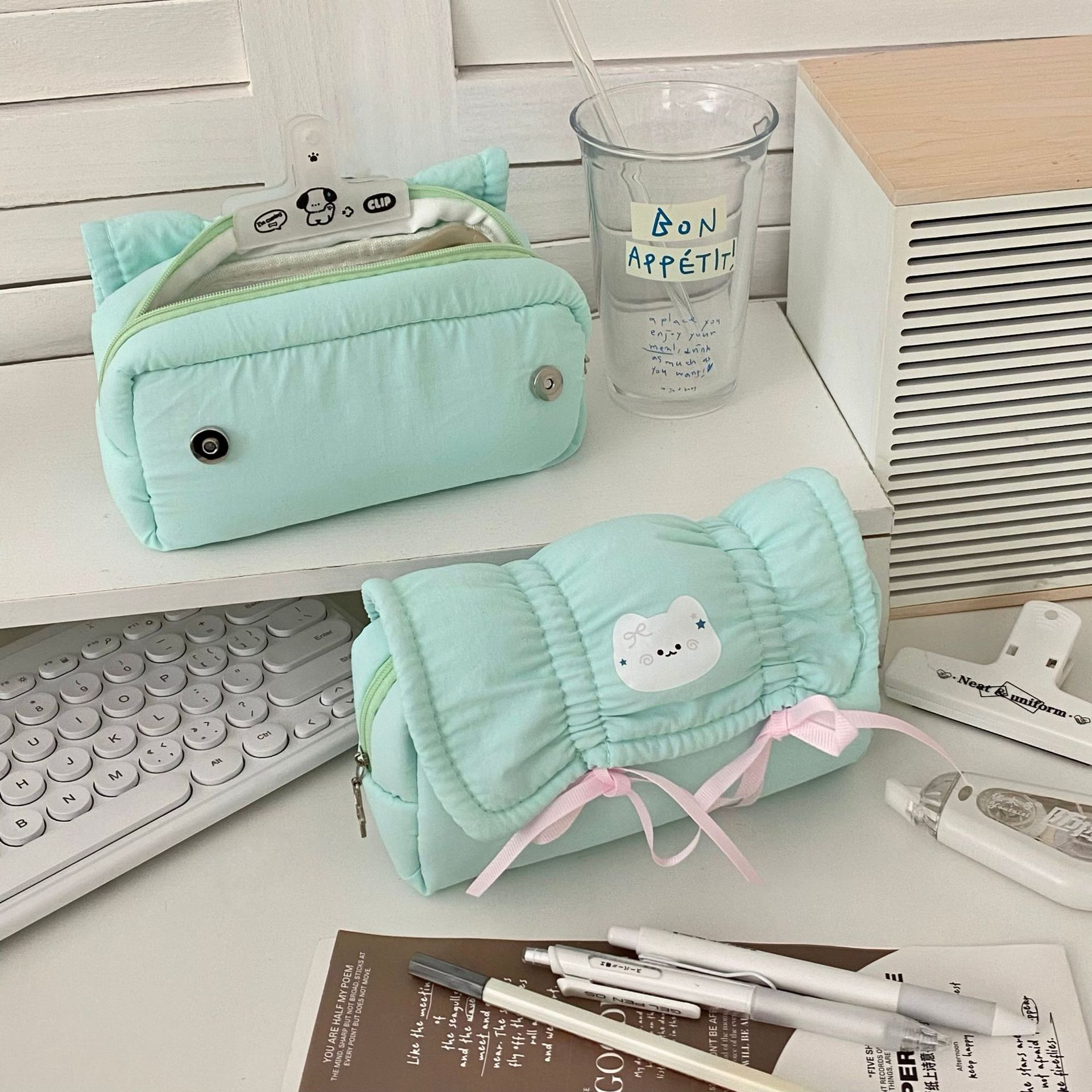ins Bow Cat Pen Case 2025 New large-capacity girlish Heart Stationery Box Student large-capacity stationery bag Specification drawing