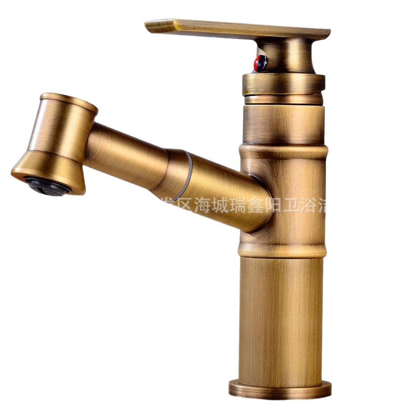 Antique-style bamboo joint pull-out faucet, cold and hot all-copper, retro undermount basin, washbasin, retractable washbasin, new Chinese style Item Picture