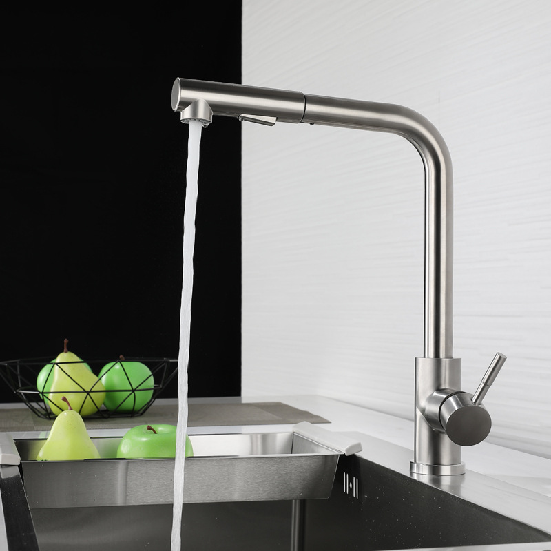 Wholesale 304 stainless steel seven-character pull-out faucet, brushed cold and hot mixed sink, kitchen sink, telescopic faucet from the manufacturer details Picture