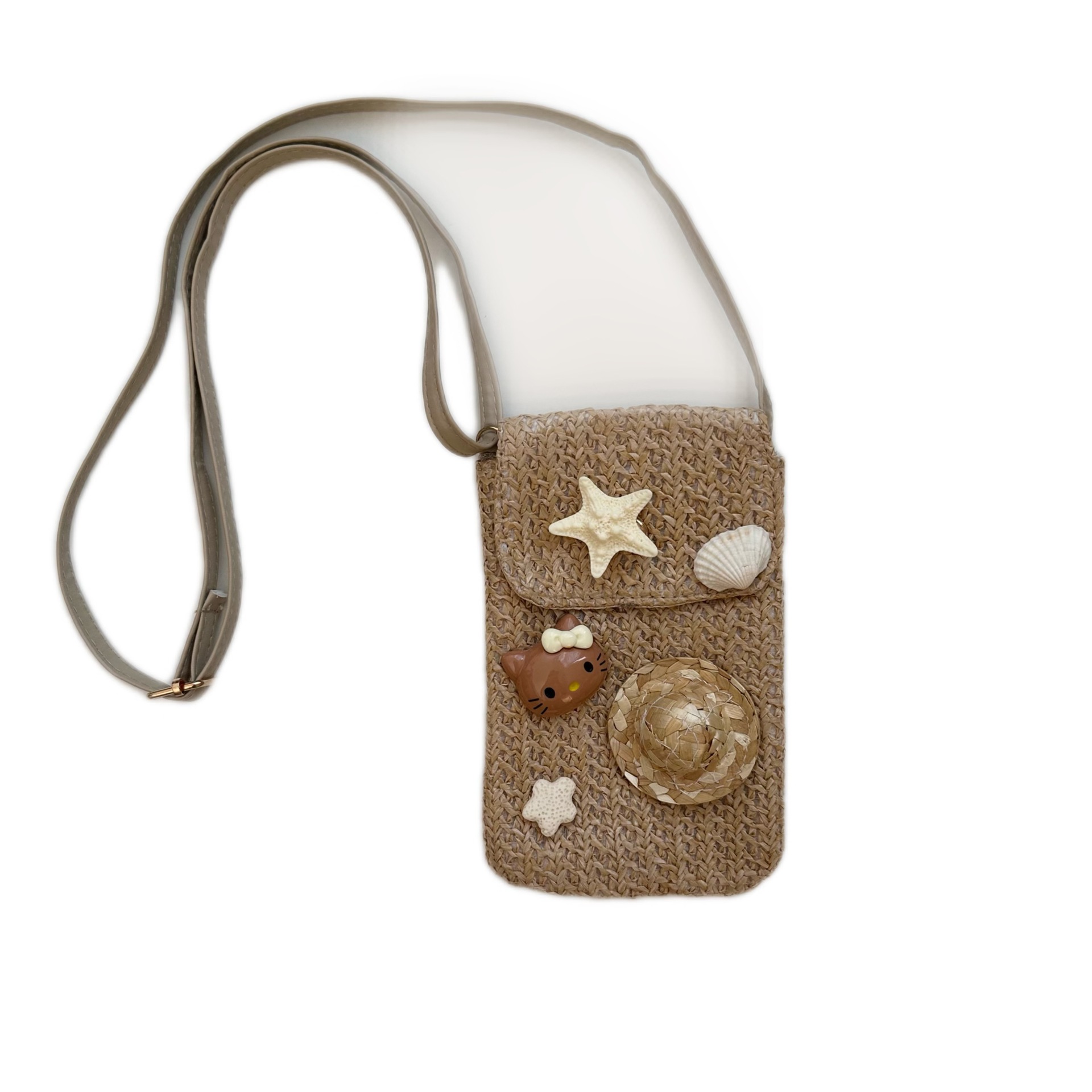 New beach straw woven bag, starfish shell hand-woven mobile phone bag, vacation travel and walking crossbody bag, small bag Item Picture