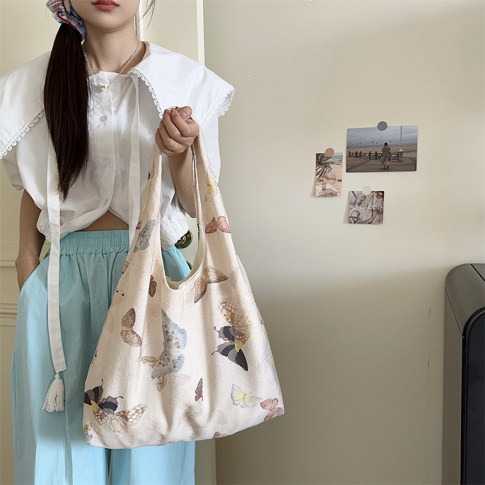 43292 Chinese-style butterfly canvas bag, women's large-capacity vest, single-shoulder bag, light and thin student hand-held shopping bag details Picture