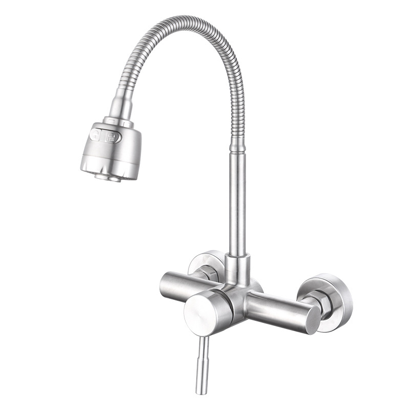 Wholesale 304 stainless steel wall-mounted single handle double hole 360-degree rotating hot and cold water sink faucet for kitchen Item Picture