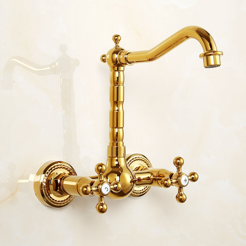 Antique all-copper wall-mounted cold and hot washbasin faucet, wall-mounted household double-handle balcony washbasin faucet Specification drawing