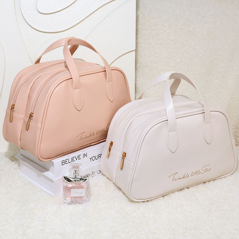 Large-capacity PU leather double-layer high-appearance-level cosmetic bag, travel toiletries bag, waterproof portable storage bag, hand-held storage bag details Picture