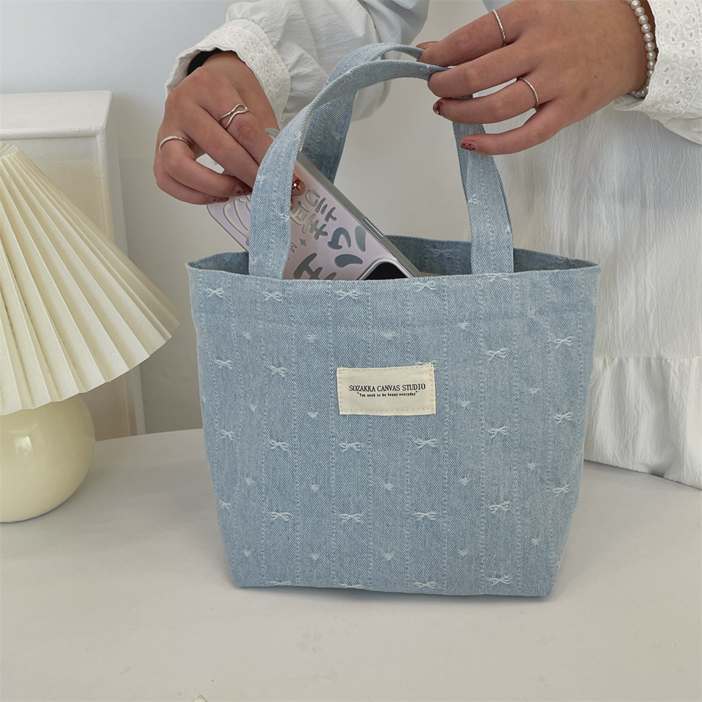 410124 Denim color handbag, retro autumn office worker portable bento bag, hand-held Mommy lunch box bag Specification drawing