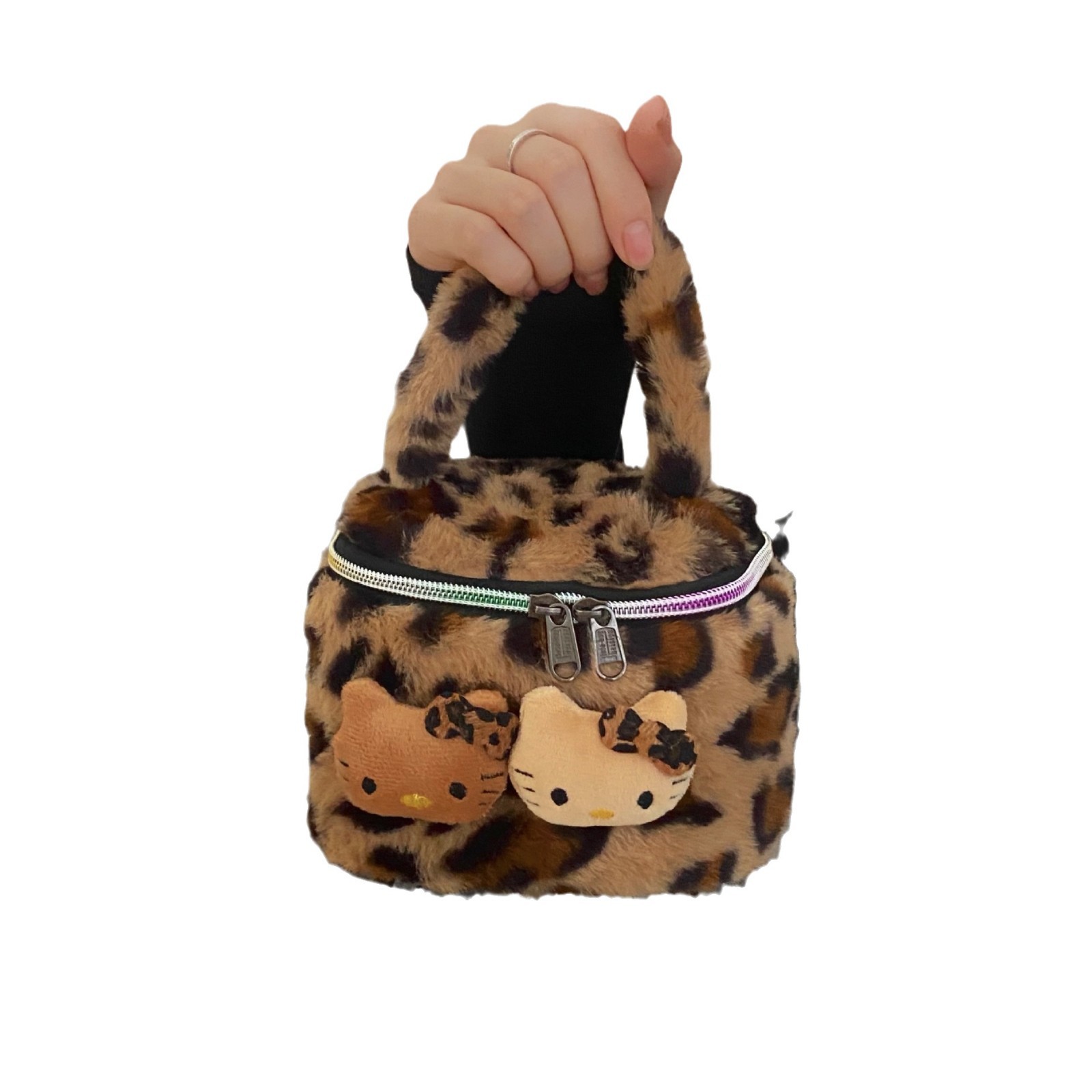 Cute leopard-print cat plush hand-held makeup bag, women's InS-style portable travel and travel skin care product storage bag Item Picture
