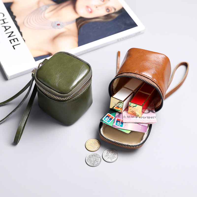 Oil wax leather pu hand-held bucket bag, ins retro style, popular small items, coin storage, coin purse for women Specification drawing