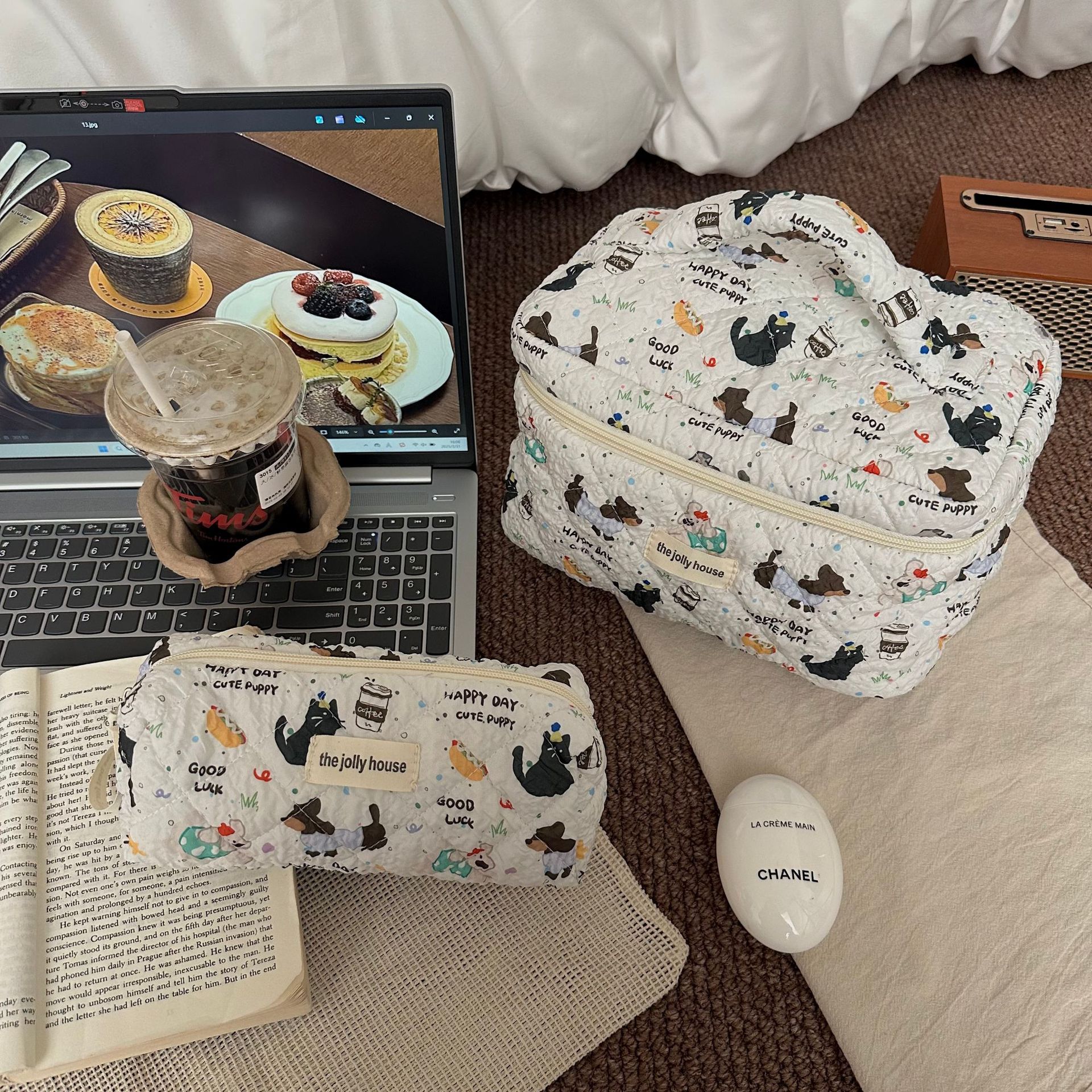 Spotted Dog makeup bag for women, ins cartoon, cute, portable, large-capacity travel cosmetics storage bag handbag Specification drawing