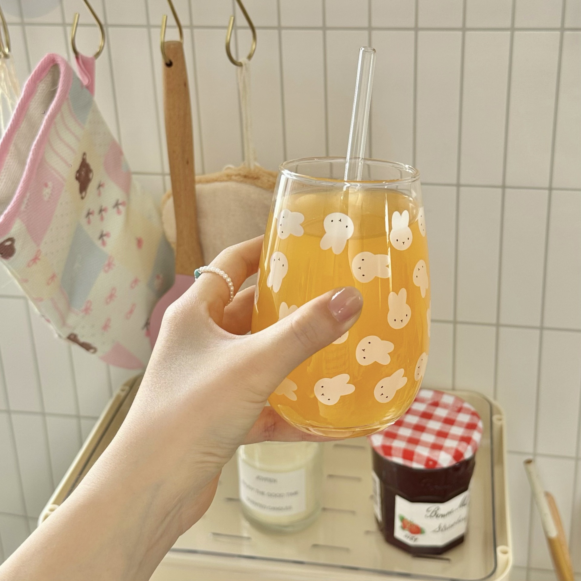 Summer's cute Mifei-free large-bellied cup, fresh rabbit-patterned glass cup, home breakfast milk cup, juice cup Specification drawing