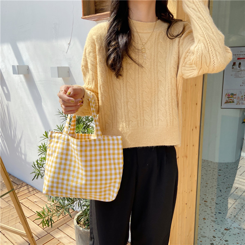 010271 Artistic, fresh and portable bento bag, Japanese-style checkered mommy and student hand-held small bag, walking cloth bag Item Picture