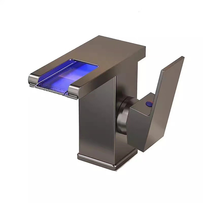 Cross-border foreign trade wholesale washbasins, hot and cold water faucets, all-copper waterfall, LED light, bathroom washbasins, bathroom single holes Item Picture