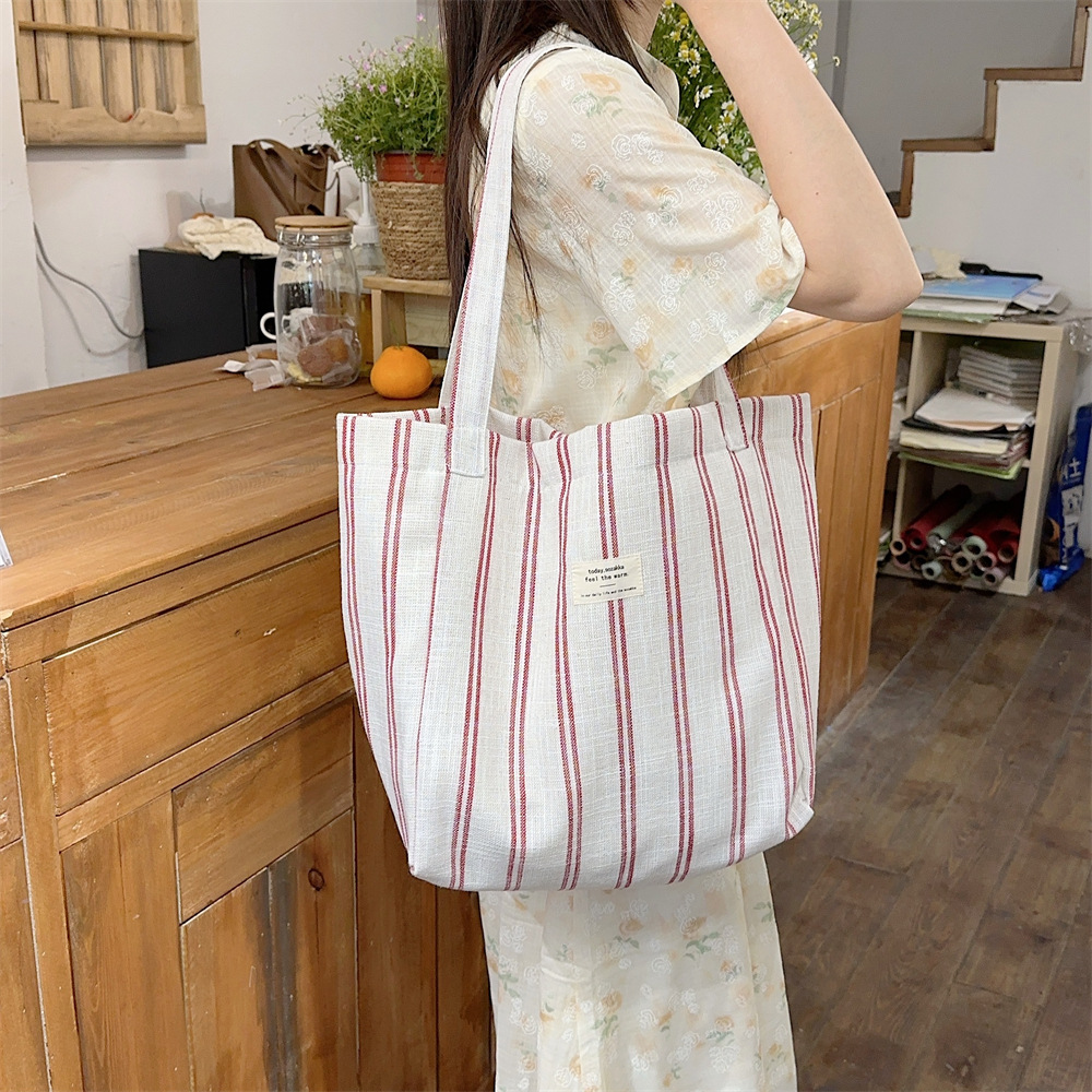 44202 Korean version large-capacity fashionable color-blocking striped tote bag, spring and summer striped casual bag, single-shoulder canvas bag full figure