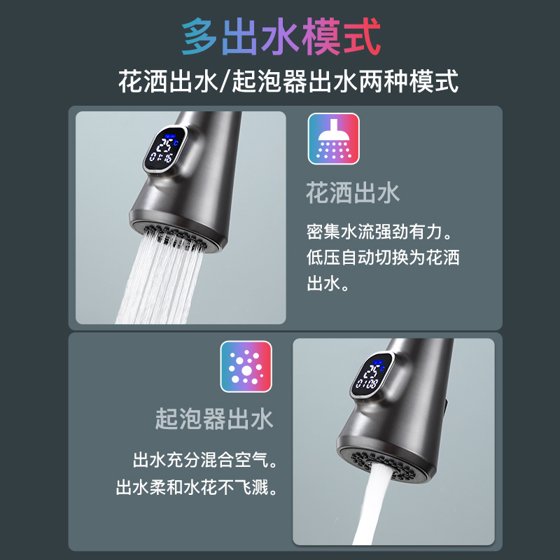 Kitchen pull-out faucet, digital display for hot and cold, universal telescopic splash-proof sink, household sink for washing vegetables, dishes and washbasin Specification drawing