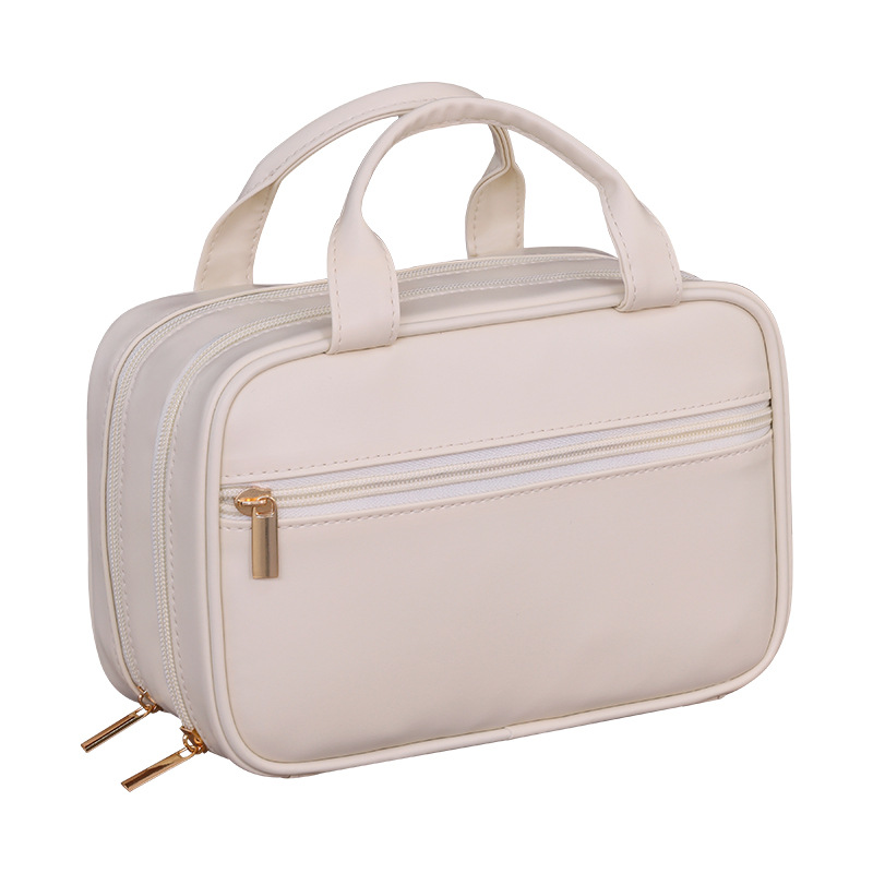 French double-layer hand-held makeup bag, large capacity, high-end makeup brush storage bag, travel portable, partitioned toiletries bag Item Picture