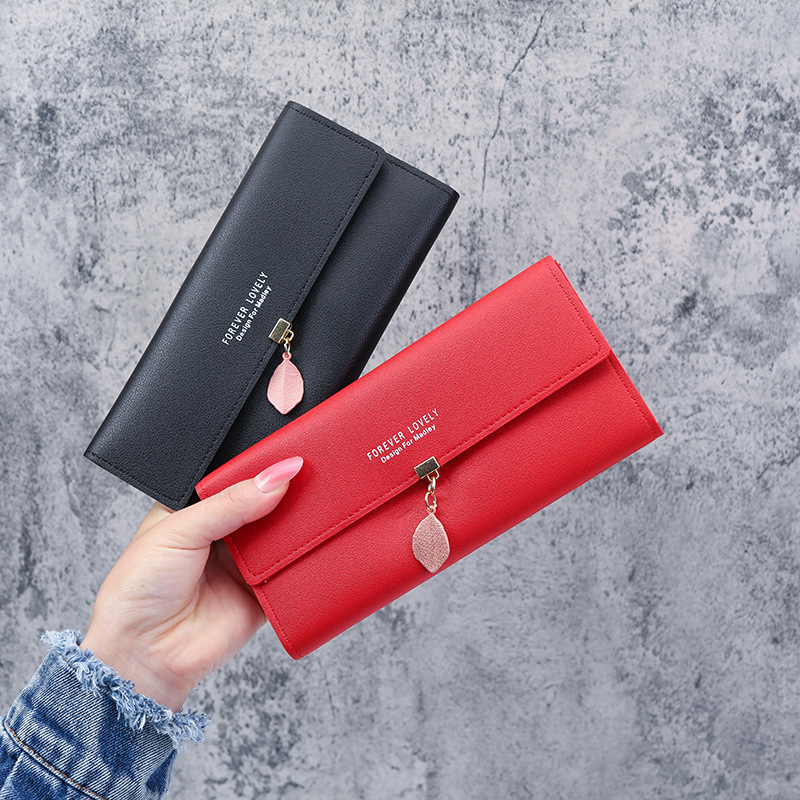 The 2021 new multi-functional Korean-style simple leaf pendant long three-fold wallet wallet is practical and portable full figure