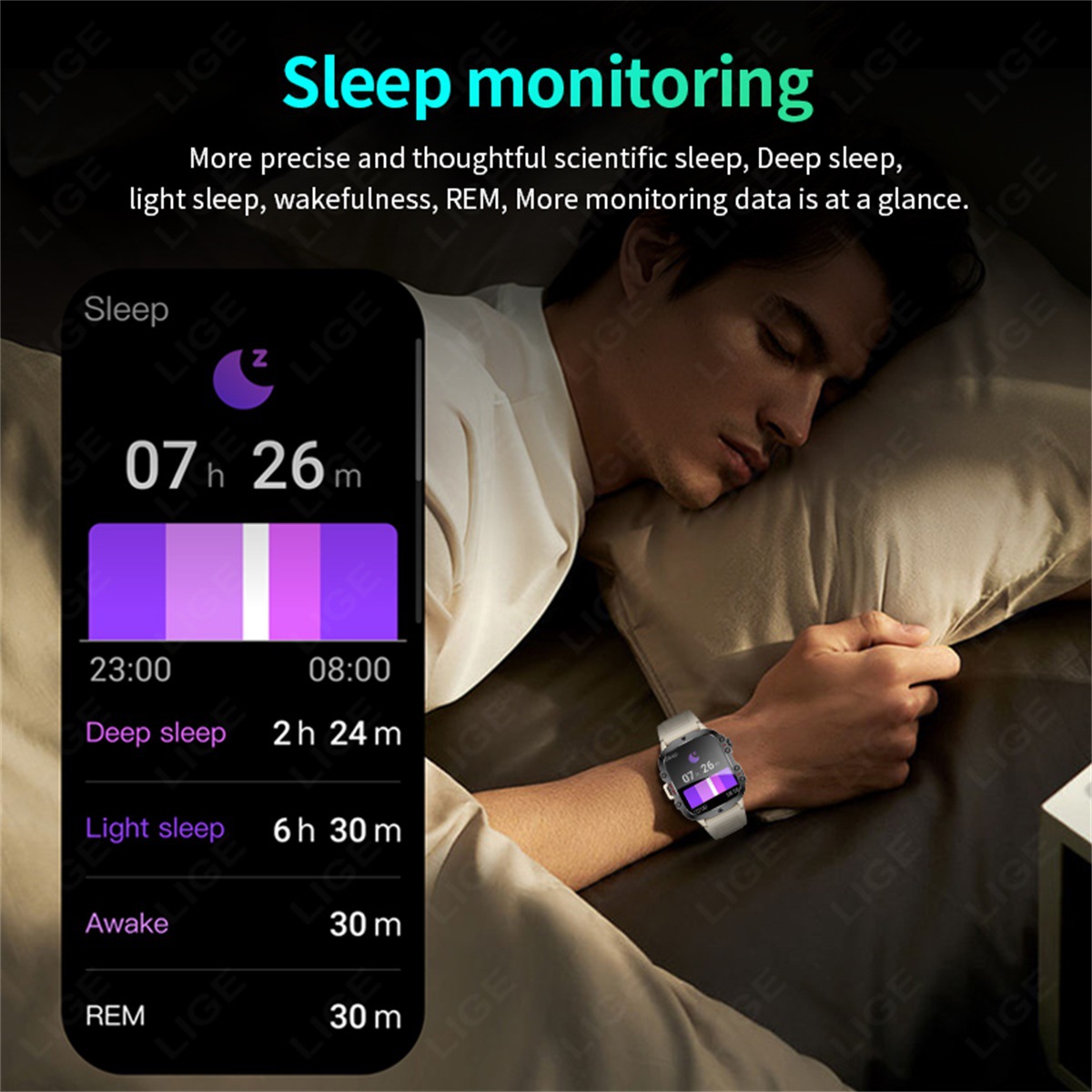 LIGE's new square men's multi-functional waterproof, photo-taking, call and health monitoring smartwatch Specification drawing