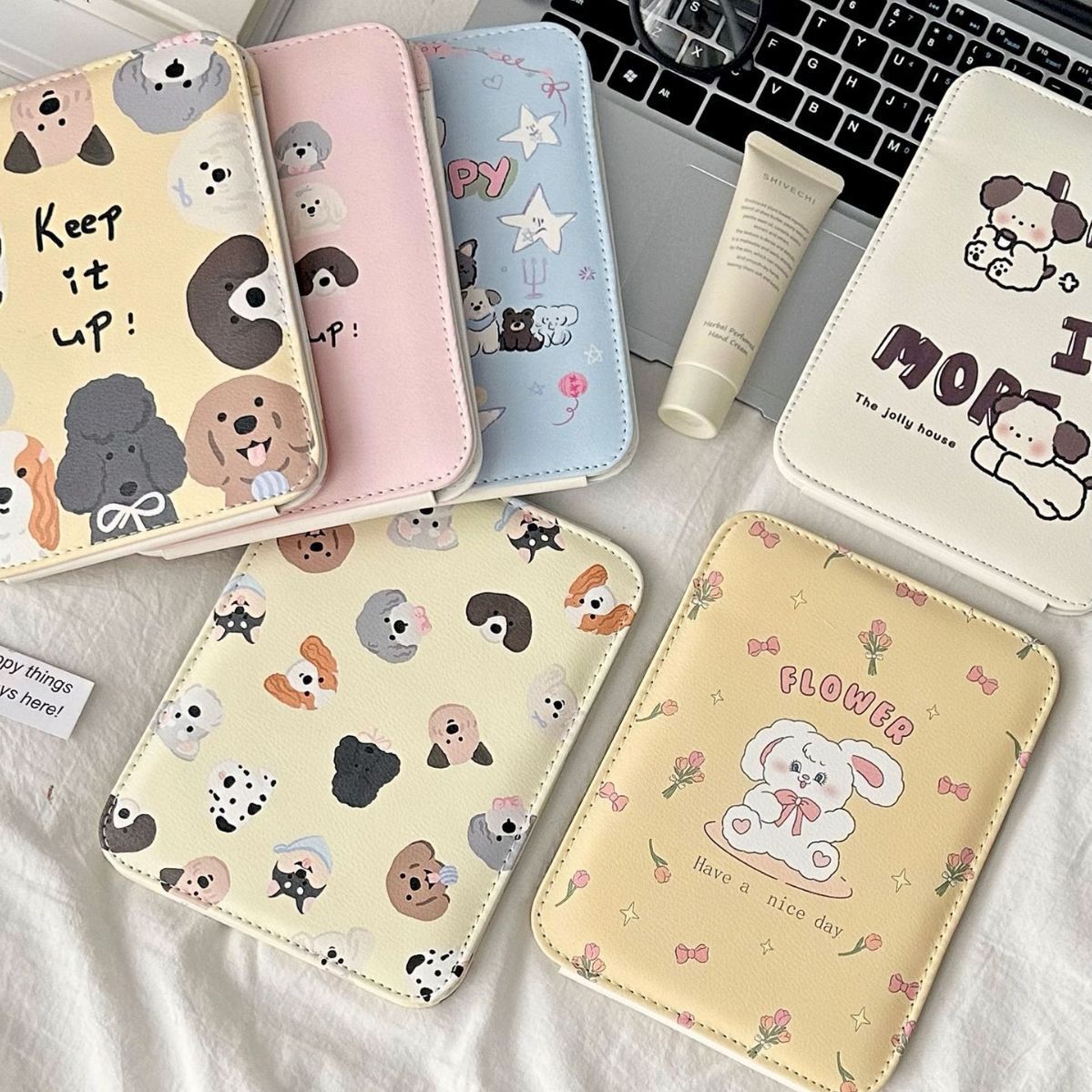 Cute dog grooming pu leather folding mirror, ins style cartoon desktop high-definition makeup mirror, portable foldable dressing mirror full figure