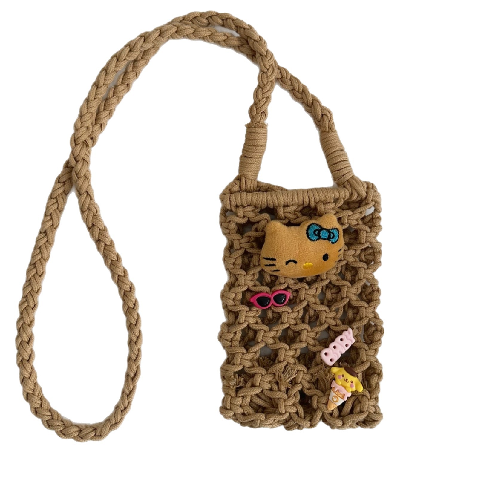 Summer vacation crossbody phone bag for women, Instagram black leather cat from Hawaii for a walk, woven hollowed-out crossbody bag Item Picture