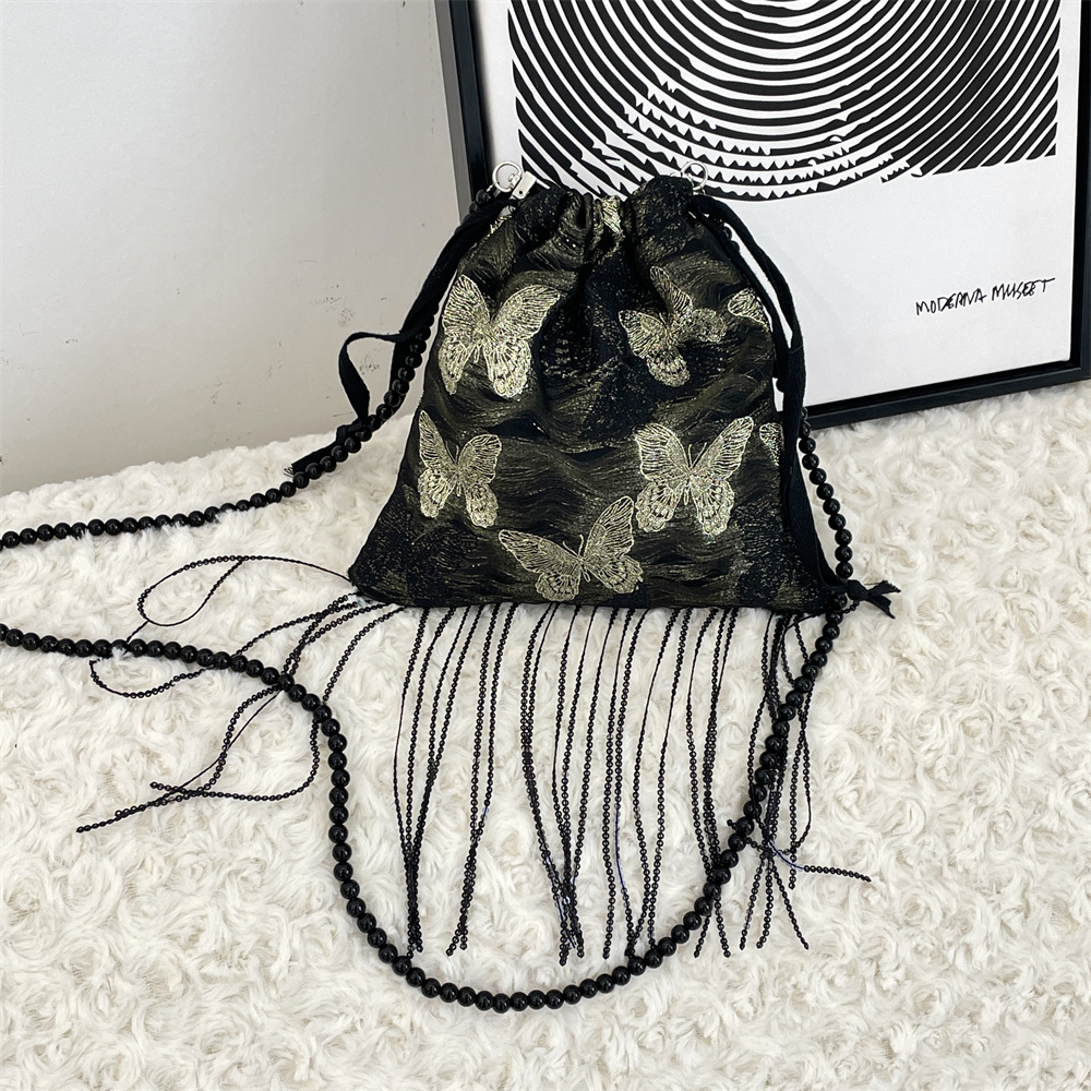 53303 New Chinese-style Golden Thread Butterfly Drawstring Drawstring crossbody Bag, Retro tassel single-shoulder bag, laid-back underarm bag Specification drawing