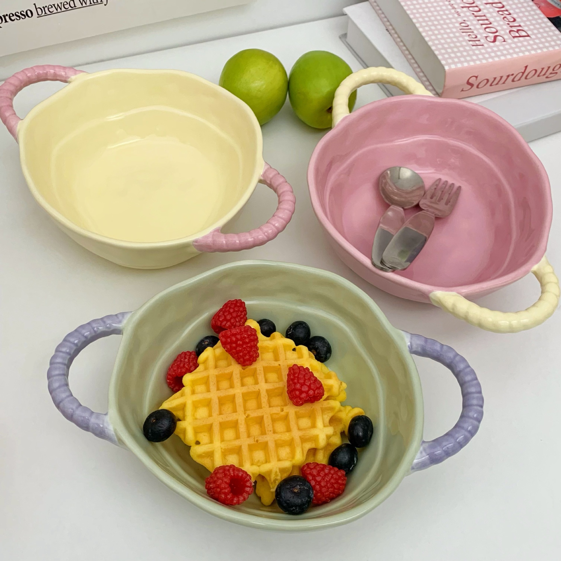 ins High-end double-eared bowls, household instant noodle bowls, soup bowls, noodle bowls, salad and fruit bowls, baking bowls, ceramic dinner bowls details Picture