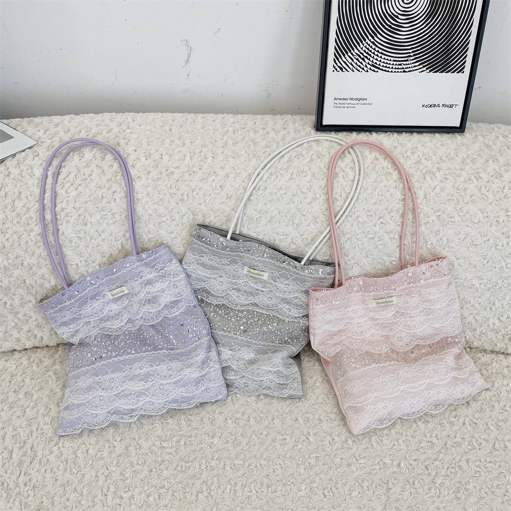 54151 Large-capacity patchwork purple lace tote bag 2025 Sequined hand-held underarm bag for women's commuting single-shoulder full figure