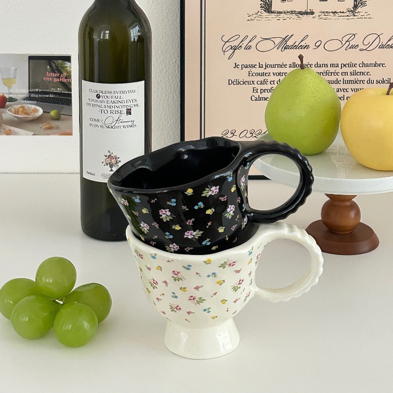 Retro light luxury floral mug, ins style, high appearance level, hand-molded ceramic cup, breakfast milk coffee cup, water cup for women details Picture