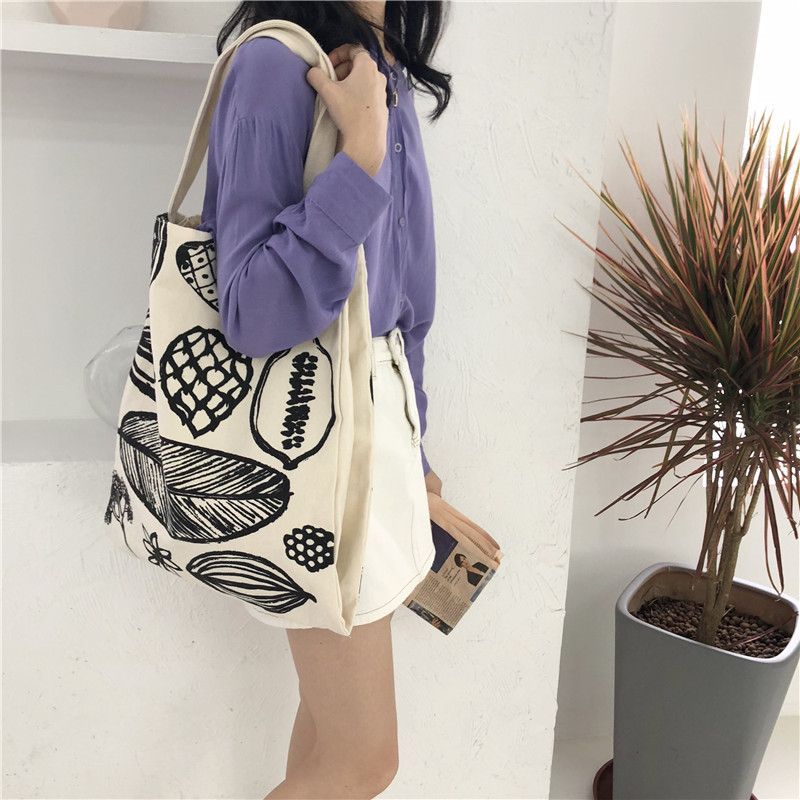 E53 New leaf print thick canvas bag, simple single-shoulder bag, large capacity Korean version hand-held women's bag full figure