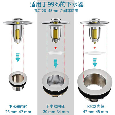 Cross-border foreign trade small-sized washbasin drain, bouncing core, anti-clogging filter basket, press-type stopper Specification drawing
