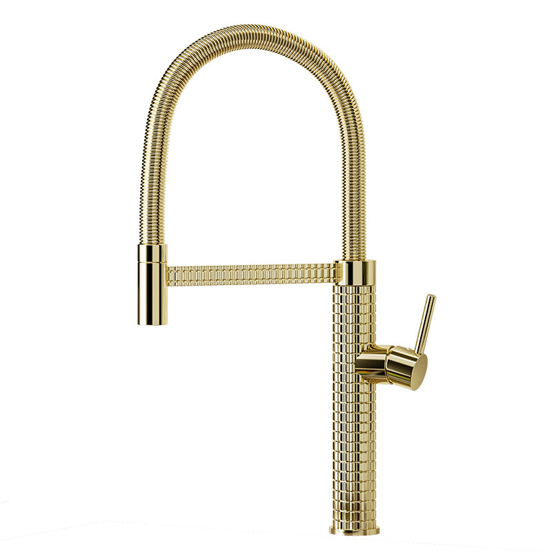 Kitchen carved spring faucet, household cold and hot high-end brass universal rotating pull-out telescopic sink Item Picture