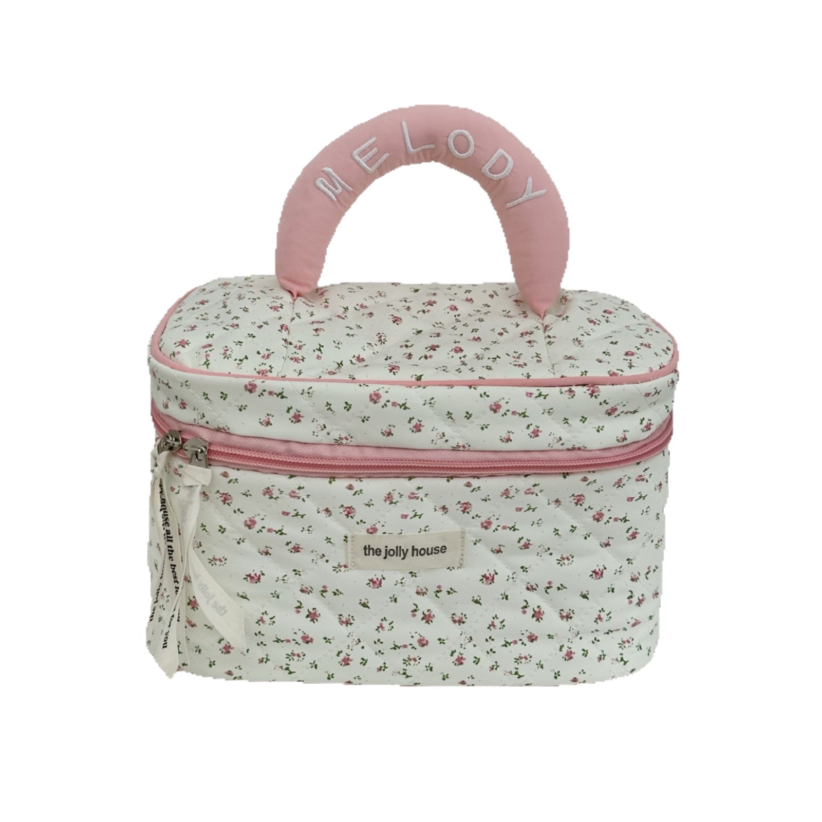 Pink and green floral makeup bag, summer fresh and clean large-capacity hand-held toiletry bag, portable skin care product storage bag for going out Item Picture