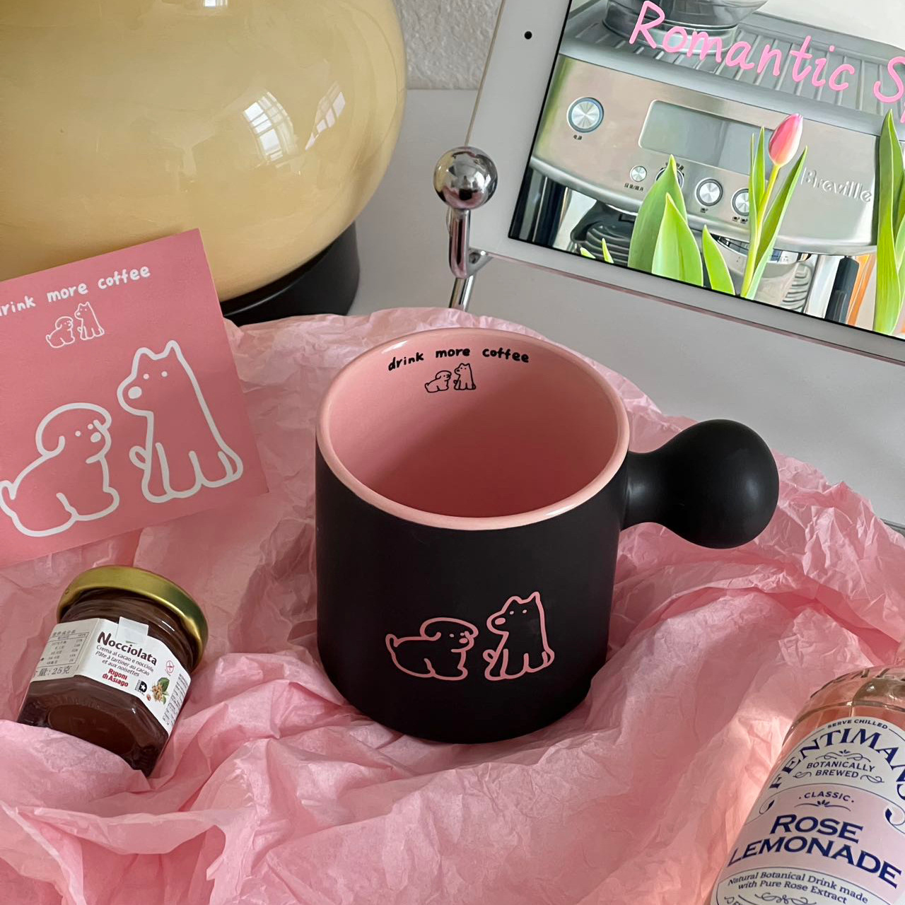 blackpink cartoon dog frosted ball cup, ins sweet and Cool style home breakfast coffee cup, Ceramic cup, straight tube cup Item Picture
