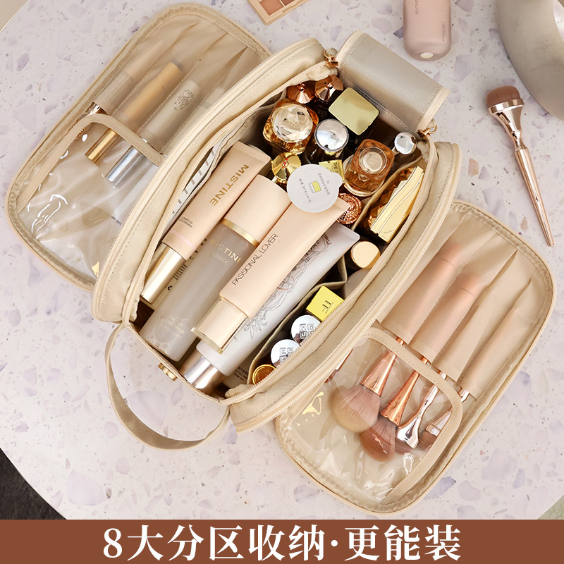 Fashionable double-zipper makeup bag, hand-held toiletries storage bag, PU travel waterproof toiletries bag, portable storage bag Specification drawing