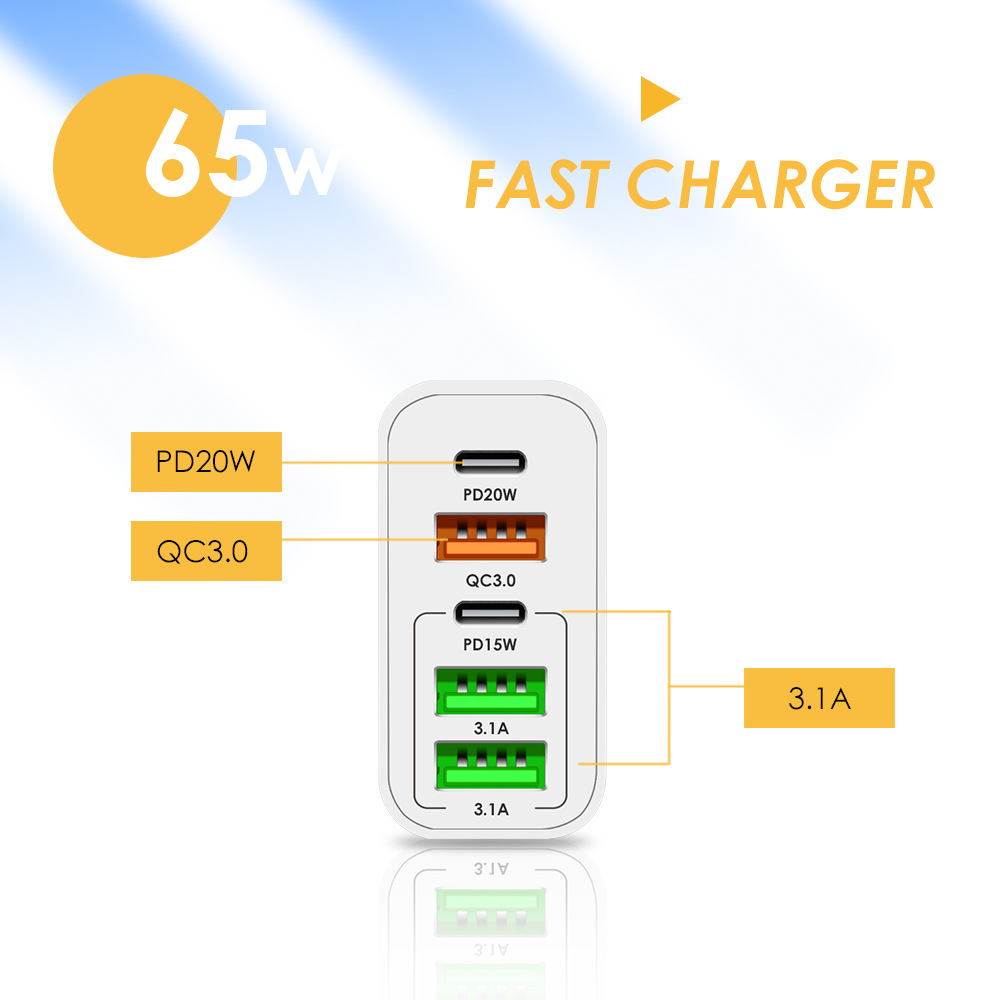 New PD65W fast charging mobile phone charger, 5V4A, European, American and British standard PD+3USB multi-port adapter charging head Specification drawing