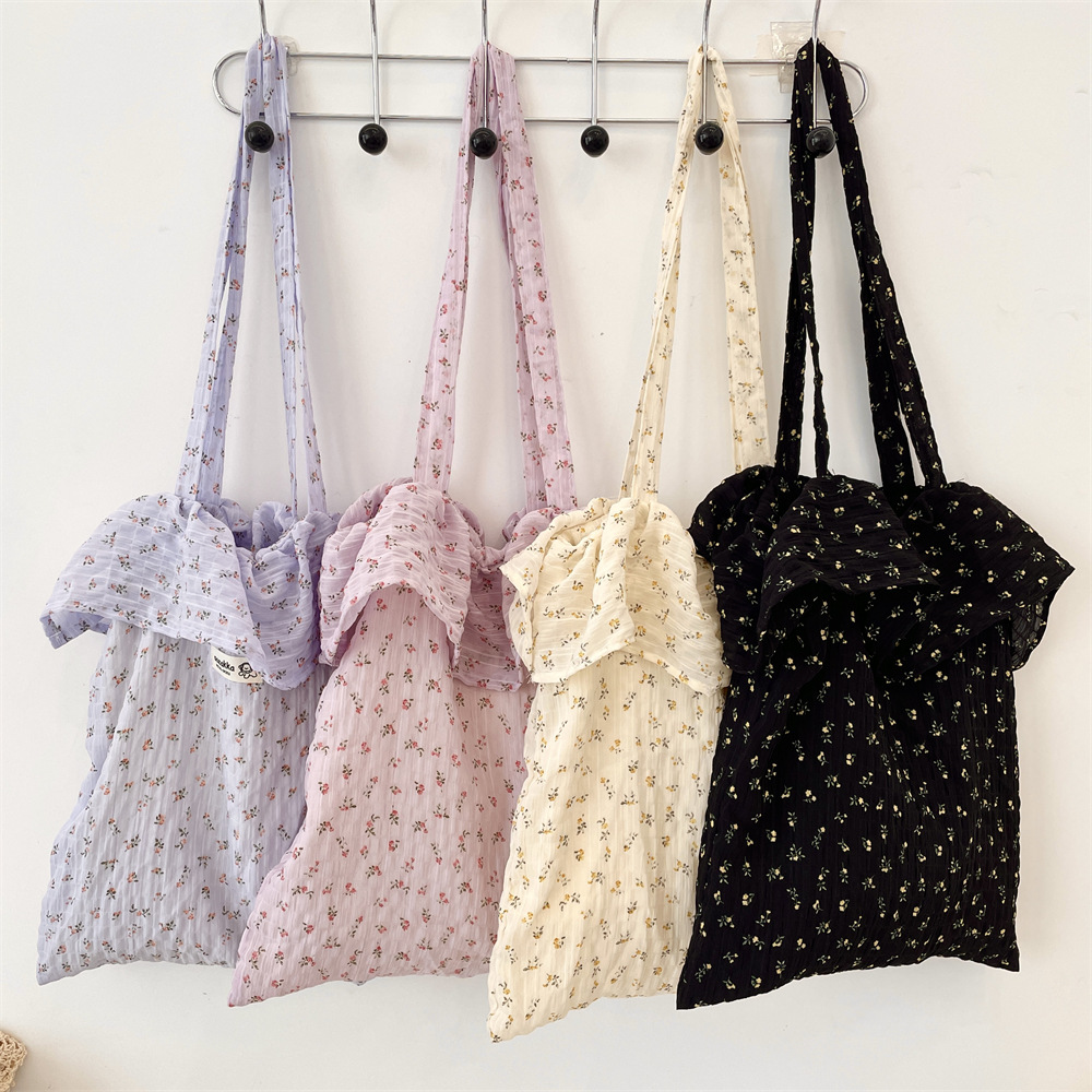 52202 Fresh and sweet floral ruffled single-shoulder bag, large-capacity student class bag, fashionable chiffon tote bag full figure
