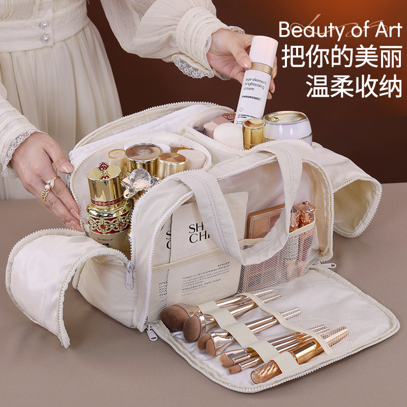 Double-zipper, four-opening, stretchable suitcase, large makeup bag, zoned storage, makeup brush storage bag, toiletries bag details Picture