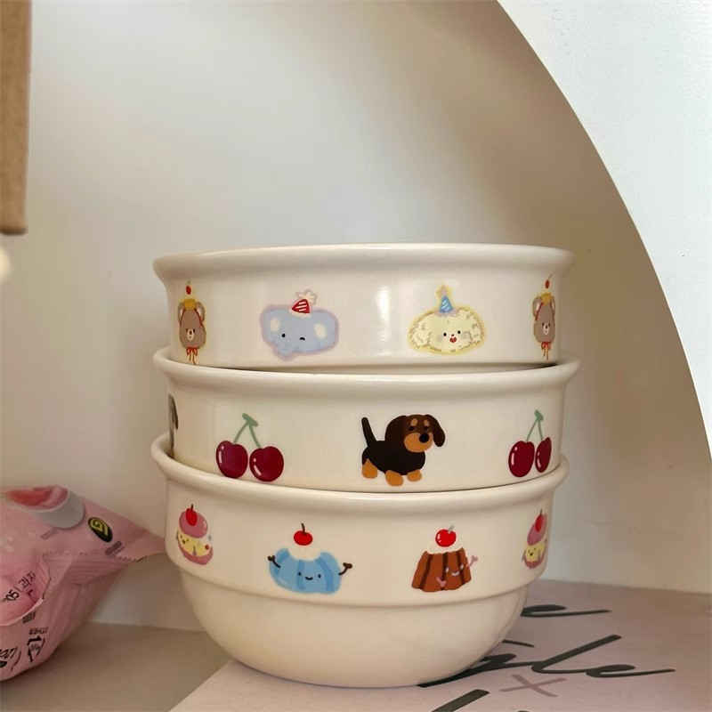Cartoon cream hand-painted rice bowl ceramic tableware, high appearance level, household dessert bowl, yogurt salad bowl, household rice bowl full figure