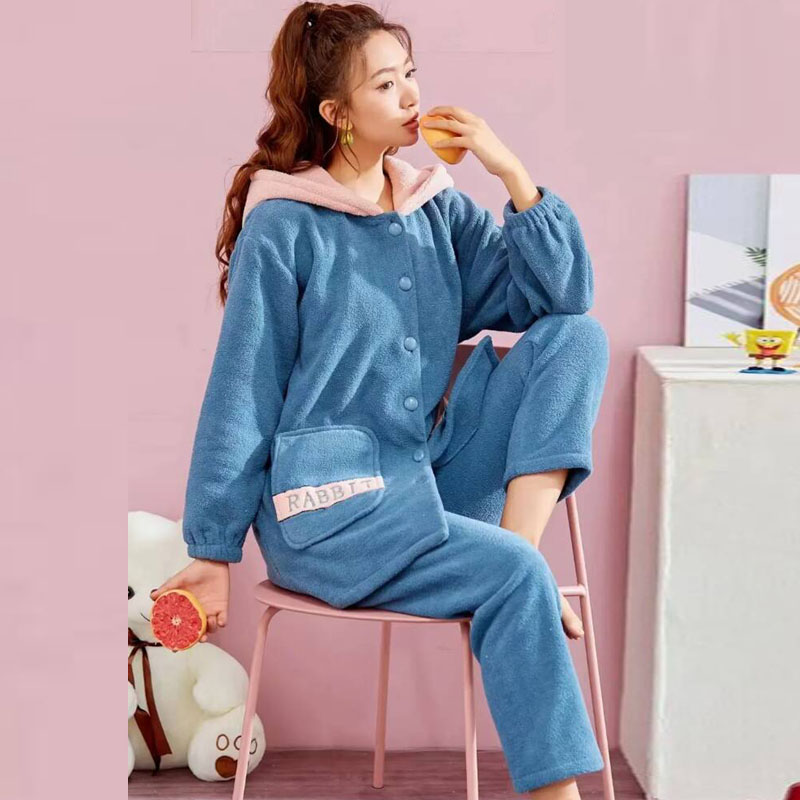 Women's home wear and pajamas for export, fleece PYJAMAS pullover, women's long-sleeved set, winter new style of foreign trade home wear, Teddy fleece pajamas for wholesale and sale pic 11