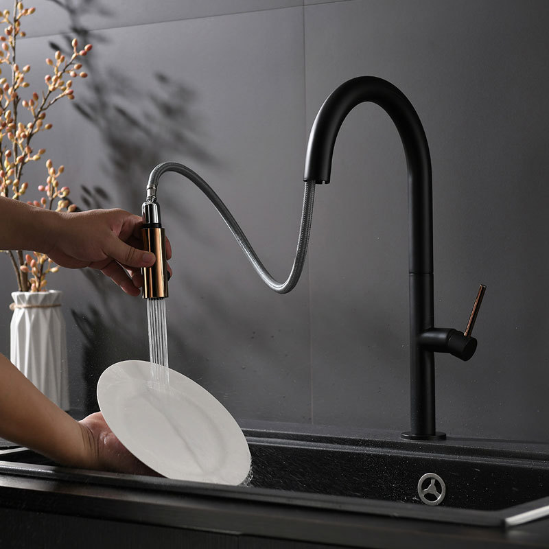 Cross-border Nordic all-copper kitchen pull-out faucet, hot and cold sink, washing basin, black export washbasin faucet Application Scenario