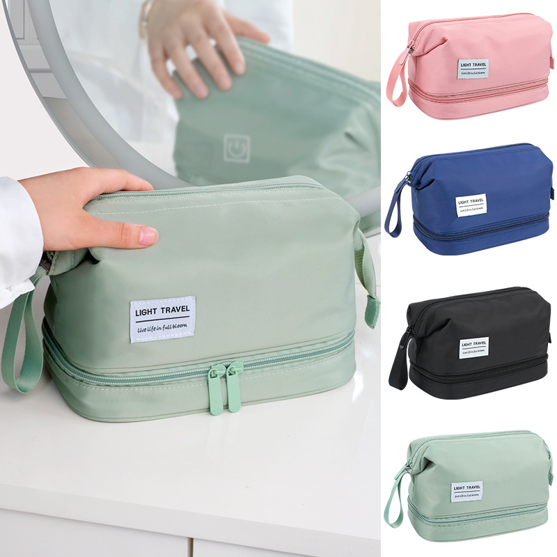 Large-capacity, high-end double-layer steel wire cosmetic bag, travel portable dry and wet separation storage bag, swimming toiletries bag full figure