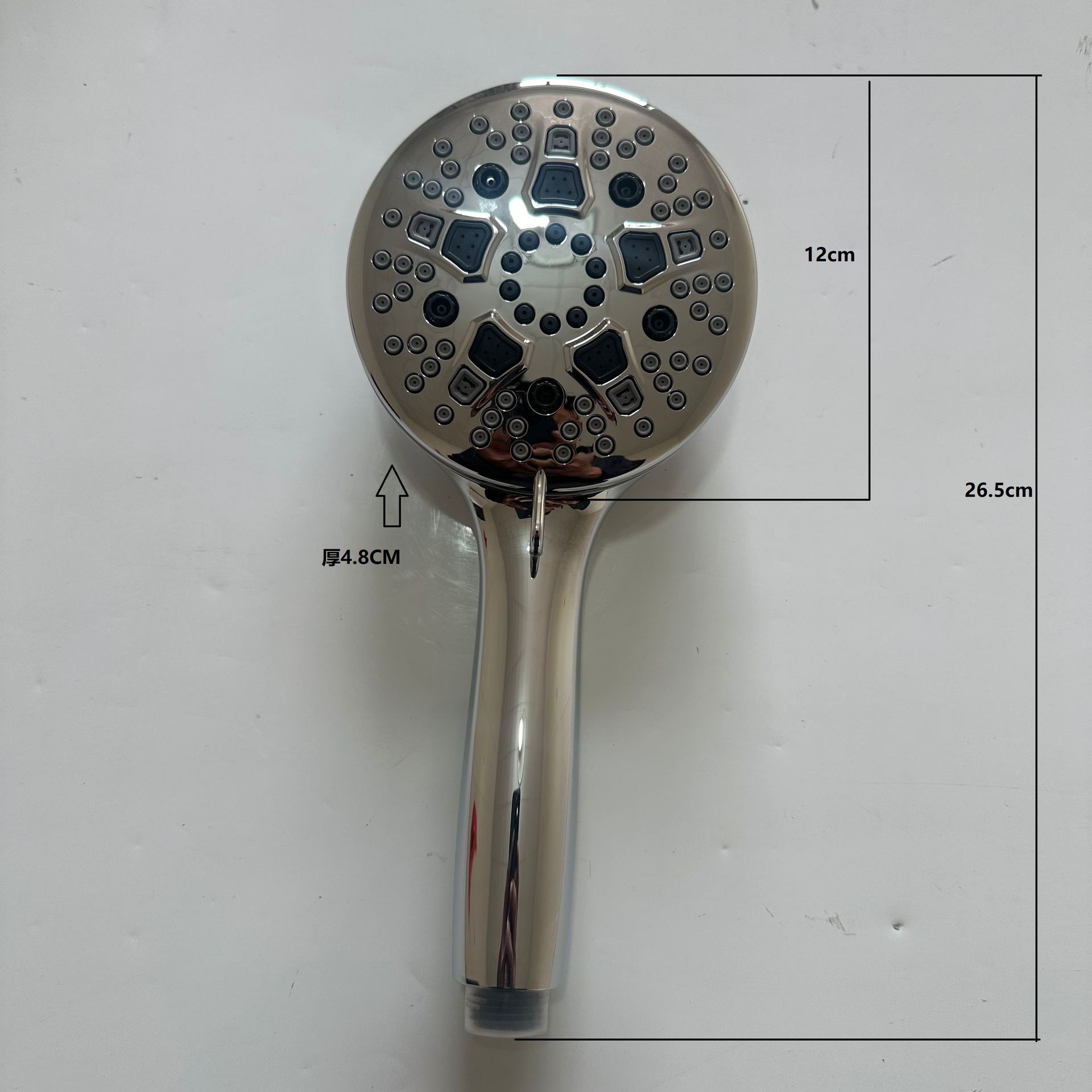 Fully electroplated 9-function hand-held showerhead with a spray gun at the back. High-quality hand-held showerhead from Cixi Specification drawing