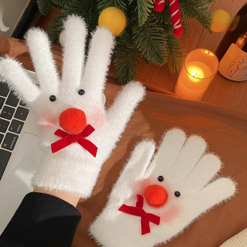 Christmas-themed snowman plush gloves for girls, cute and warm, thickened and warm bow finger gloves, Christmas gifts full figure
