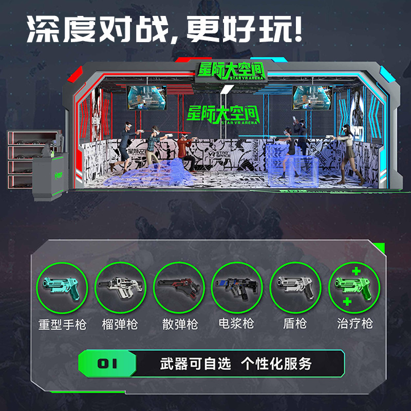 vr large-space body-sensing shooting, VR game console, multi-person interactive experience hall equipment, children's playground video games Specification drawing